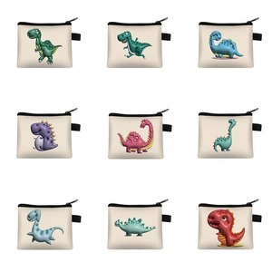 Detail view of nine cute cartoon dinosaur coin purses with colorful printed patterns