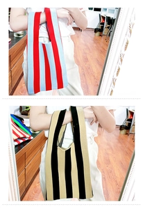 Detailed knit tote bag with striped pattern in red, blue, black and beige colors