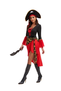 Women's pirate costume set with red black gown, skull hat and prop sword for Halloween