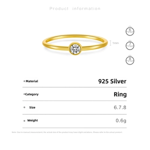 Detailed size chart for gold-plated S925 sterling silver ring with inlaid zircon stone