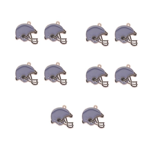 Flat lay of 10 purple and silver alloy American football helmet charms for DIY jewelry making