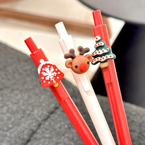 Detailed view of Christmas gel pens with red bell, reindeer head, and tree toppers