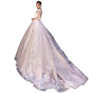 Elegant long sleeve lace wedding dress with a luxury cathedral train and open back design
