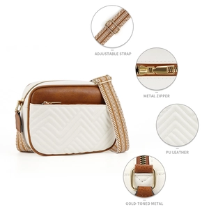 Detail showing the adjustable jacquard strap and gold-toned metal hardware on the crossbody bag