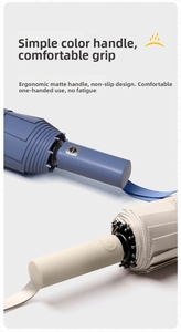 Detail of ergonomic matte handles for folding umbrellas in navy blue and cream beige