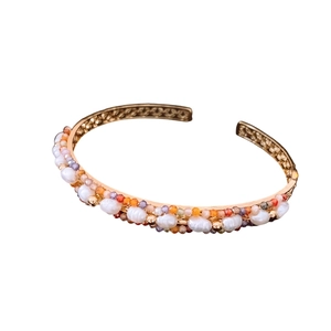 18K gold plated vintage pearl and amethyst open bangle with colorful bead weaving
