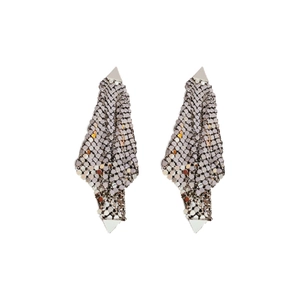Modern silver mesh geometric tassel earrings with diamond shape and metallic cone accents