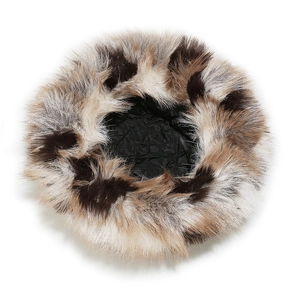 Detail of faux fox fur bucket hat featuring leopard print and black quilted lining