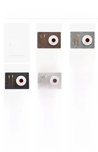 Collage of rectangular faux leather placemats in eight modern colors with gold cutlery