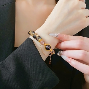 Vintage Glass Beaded Bracelet For Women Luxury Gold Plated Alloy Adjustable Heart Pendant Tassel Fashion Wrist Jewelry