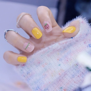 Cute Cartoon Strawberry Lemon Press On Nails Short Round Square Full Cover False Nails Reusable DIY Manicure Women