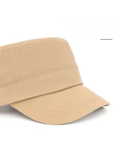 Close-up of khaki cotton cadet cap showing double-stitched seams and wide brim detail