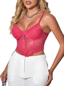 Haut corset en dentelle magenta pour femme avec mesh floral et design à baleines