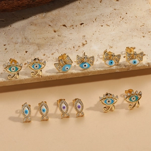 French Vintage Gold Plated Copper Evil Eye Stud Earrings For Women Exquisite Zirconia Enamel Bow Fish Horus Eye Jewelry