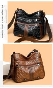 Detail view of woven leather texture and functional multi-pocket zippers on shoulder bags