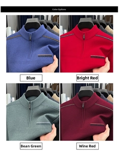 Detail of men's quarter-zip sweaters in blue, red, green and wine red knit colors