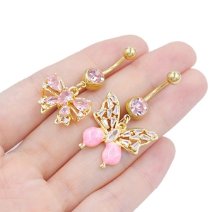 Golden butterfly belly button rings with pink zircon and enamel accents on a white background