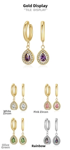 Collection of colorful pear-shaped zircon hoop earrings with gold-plated metal finish