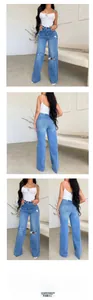 Detail van de high-waisted wide-leg jeans met knie-scheuren en gerafelde zoomafwerkingen
