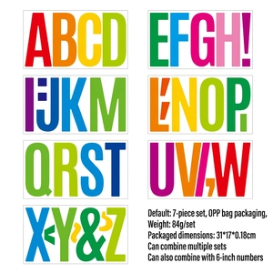 Detail view of 6-inch waterproof colorful alphabet letter stickers in OPP packaging