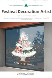 Pink floral Christmas tree static window sticker showing holiday mall scene decor