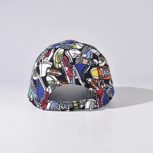Detail of adjustable metal buckle and cartoon canvas shoe prints on the baseball cap
