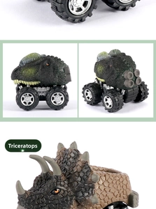 Macro detail of hand-painted Triceratops dinosaur toy car with off-road rubber tires