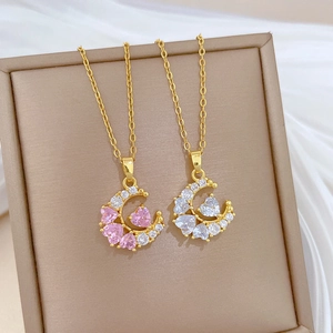 Titanium steel moon heart necklaces with pink and white zircon crystals on gold chain