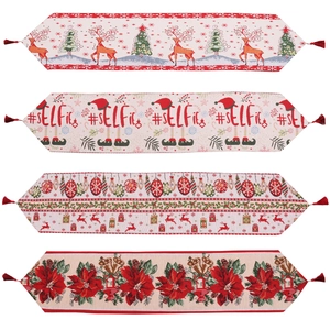 Christmas table runner with festive jacquard reindeer and elf patterns and red tassels