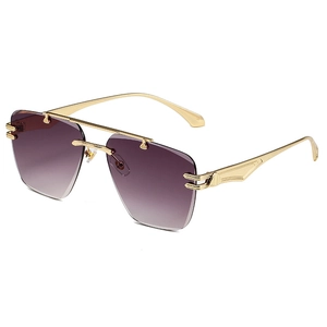Frameless oversized gradient purple sunglasses with gold temples and vintage metal texture