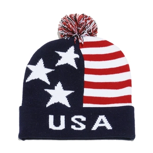 Detailed view of the American flag pattern knit beanie with white USA lettering