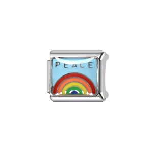 Italian charm link featuring a colorful rainbow and PEACE text in a silver stainless steel frame