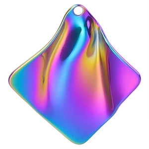 Macro shot of rhombus-shaped iridescent stainless steel pendant with top hole
