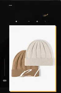 Detail of thick knitted beanie with textured waffle pattern in cream and coffee brown