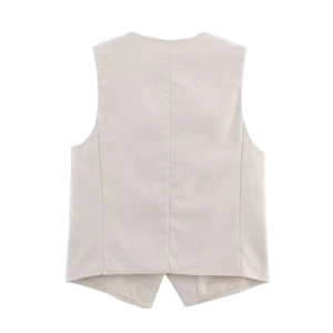 Women's cream linen V-neck vest and casual shorts set, back view on white background