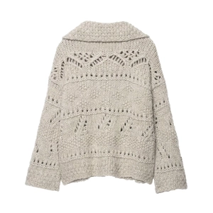 Beige hollow-out knit cardigan with classic collar and textured patterns, back view