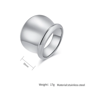 Polished 20mm wide stainless steel band ring with 17g weight and metallic silver finish