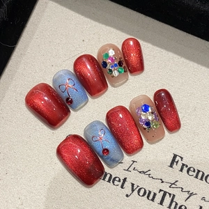Ruby Red Cat Eye Press On Nails With Rhinestones Dimensional Bow Glitter Festive Christmas Style Artificial Finger Nails