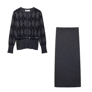 Women Knit Argyle Cardigan And Skirt Elegant Preppy Style Long Sleeve Button Up With Belt