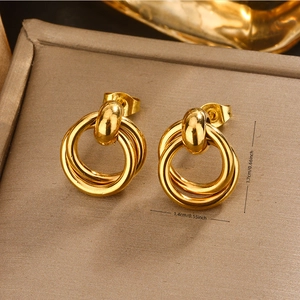 Vintage 18K gold plated titanium steel U-shaped triple hoop earrings for women