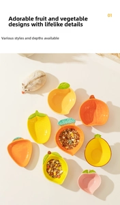 Macro view of assorted ceramic hamster bowls featuring colorful fruit and vegetable designs