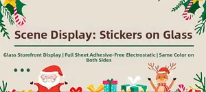 Detail of static Christmas window stickers featuring golden reindeer and white snowflakes
