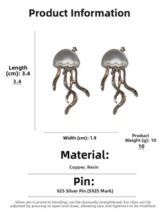 Vue détaillée de boucles d'oreilles méduse argentées montrant dimensions et tige S925