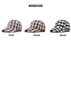 Three-color display of thick plaid baseball caps in pink, khaki and black tweed