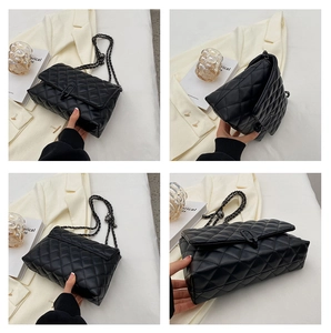 Multiple views of a black quilted chain bag showcasing the front, side and base angles