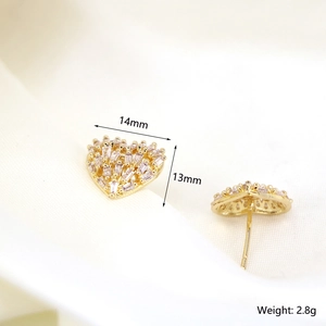Hollow heart stud earrings with cubic zirconia stones in gold finish, size 14mm x 13mm