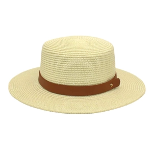 Summer flat top straw boater hat with brown leather band and gold rivet detail