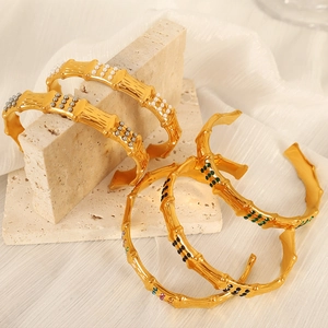 Chic geometric C-shape bamboo style stainless steel bangle with diamonds and pearls