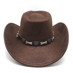 Detail of dark brown faux suede cowboy hat with vintage star embossed metal studs