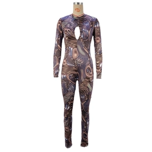 Long sleeve jumpsuit with metallic liquid print and chest keyhole cutout for women